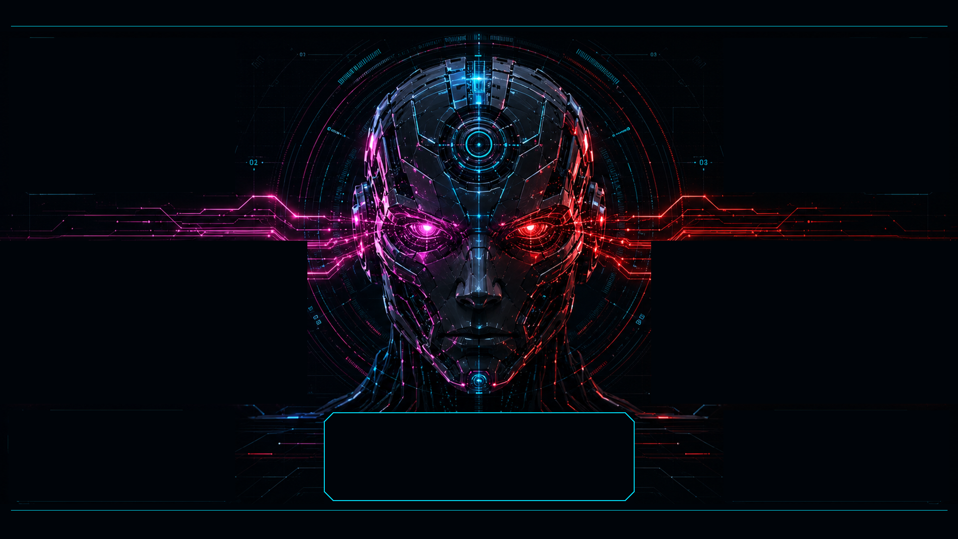 Metallischer JARVIS Boot Guardian mit cyan-, magenta- und rotfarbenen Systemlinien